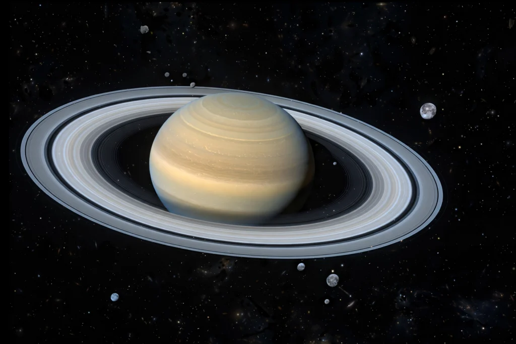 Saturn and its distant moon families against a star field