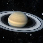 Saturn and its distant moon families against a star field