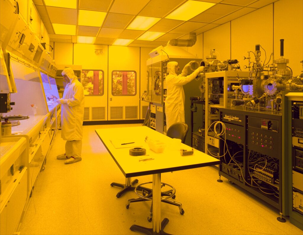Engineers inside a modern semiconductor fabrication plant in New York
