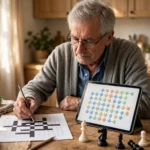 Older adult playing a brain-training puzzle on a tablet with a crossword and chess pieces nearby