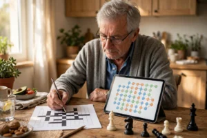 Older adult playing a brain-training puzzle on a tablet with a crossword and chess pieces nearby